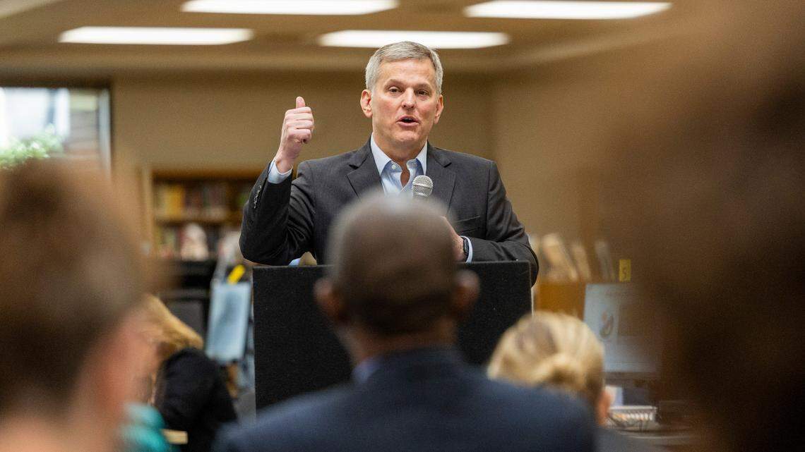 State Attorney General Josh Stein speaks during a town hall on the impacts of social media on youth at Athens Drive High School in Raleigh on Monday, March 11, 2024. The Attorney General’s Office and the Wake County School System have both filed lawsuits accusing social media providers of employing practices to addict young people to social media.