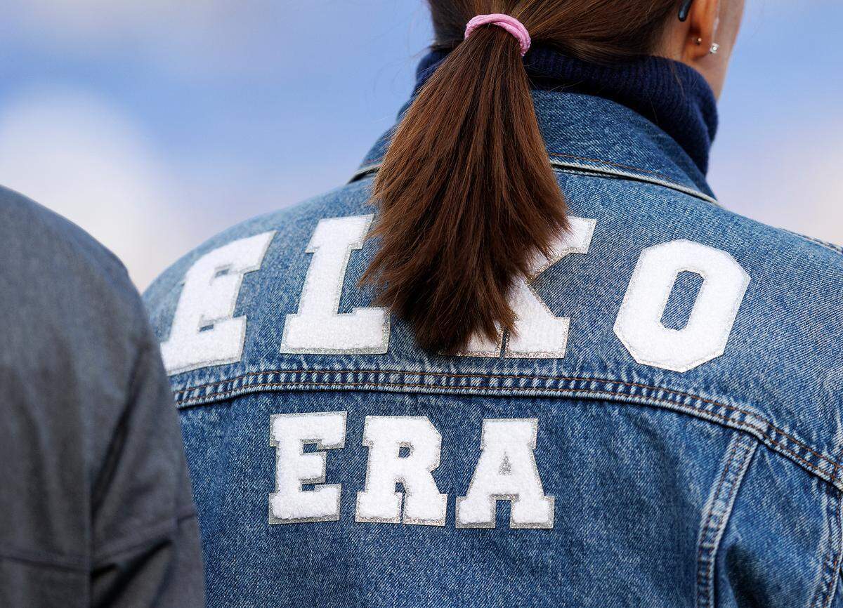 Michelle Elko, wife of Duke head coach Mike Elko, wears an “Elko Era” jacket on the sidelines during the second half of the Blue Devils’ 30-19 win over Pittsburgh on Saturday, Nov. 25, 2023, at Wallace Wade Stadium in Durham, N.C.