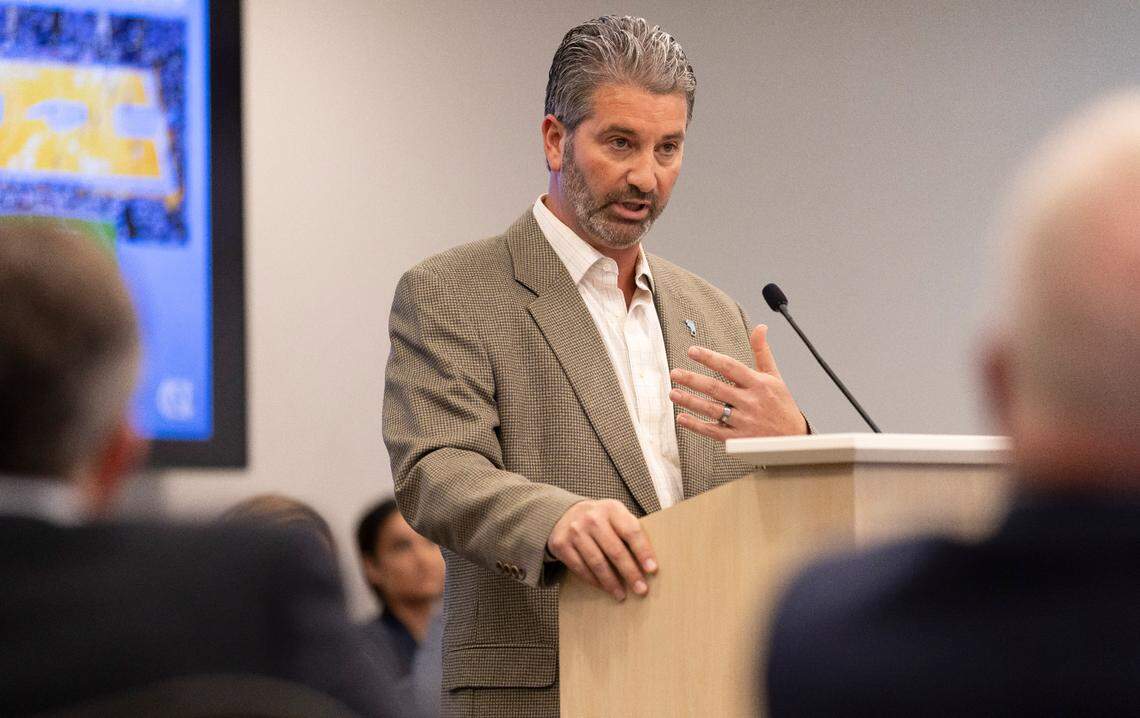 Rick Barakat, Chief Revenue Officer for Carolina Athletics addresses the UNC Board of Trustees meeting on Wednesday, May 21, 2025 in Chapel Hill, N.C.