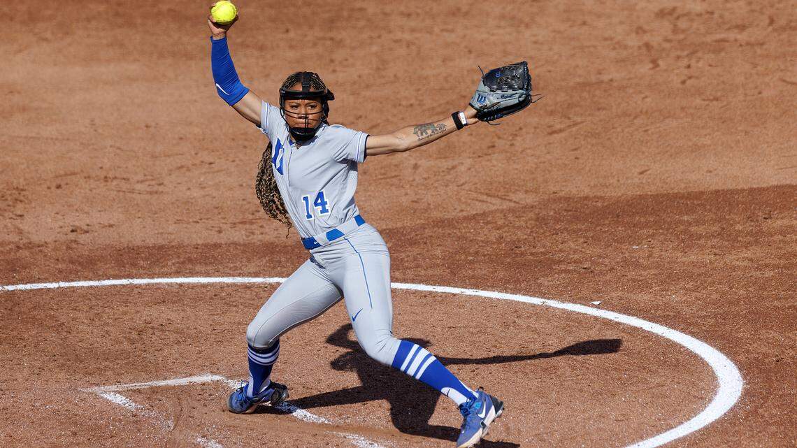 Duke’s Jala Wright throws a pitch during the fourth inning of the Blue Devils’ 6-0 win over Longwood on Wednesday, April 24, 2024, in Durham, N.C.