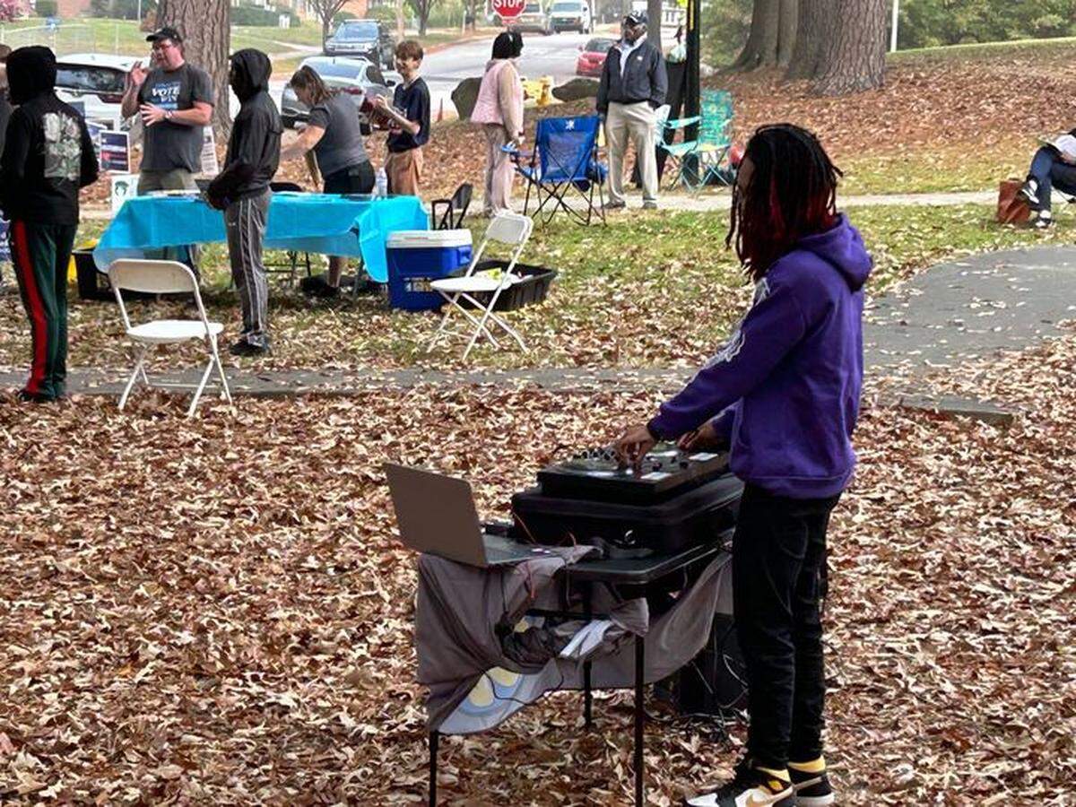 2024 Election Day: Jalen Jones spun a Keyshia Cole record at Worthdale Community Center, part of an effort from DJs at the Polls, on Nov. 5, 2024.