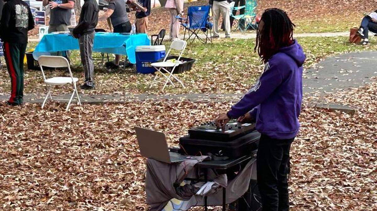 2024 Election Day: Jalen Jones spun a Keyshia Cole record at Worthdale Community Center, part of an effort from DJs at the Polls, on Nov. 5, 2024.
