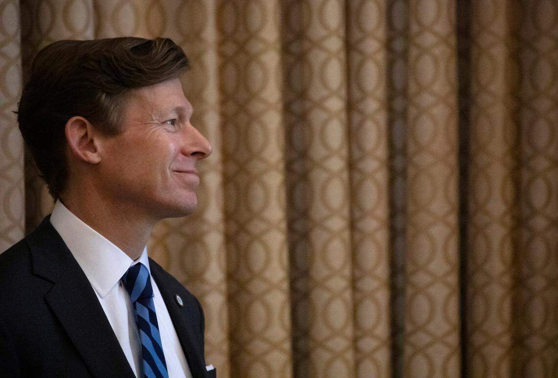 UNC-Chapel Hill Chancellor Lee Roberts smiles prior to speaking at an event honoring university employees on Wednesday, Oct. 9, 2024, in Chapel Hill, N.C.