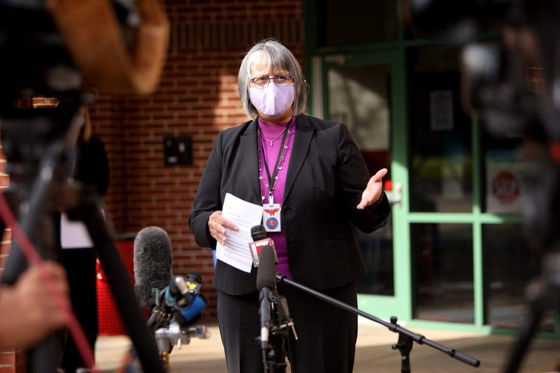 Wake County superintendent Catyy Moore holds a press conference on Nov. 6, 2020, at Wake Forest Middle School discussing how middle schools are reopening during pandemic.