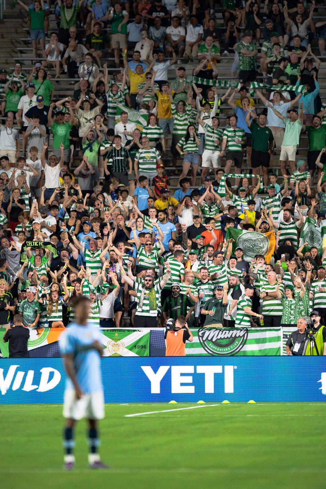 Celtic FC fans celebrate during the Celtic FC vs Manchester City at Kenan Stadium in Chapel Hill on Tuesday, July 23, 2024. Celtic FC won 4-3.