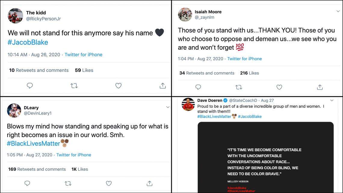Clockwise from top left are screenshots of tweets by N.C. State football’s Ricky Person Jr., Isaiah Moore, head coach Dave Doeren and Devin Leary.