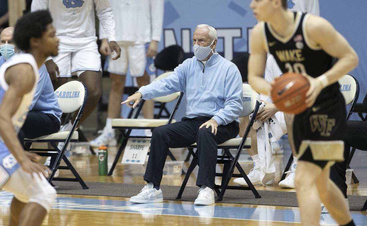 North Carolina coach Roy Williams watches his team on defense during the first half against Wake Forest on Wednesday, January 20, 2021 at the Smith Center in Chapel Hill, NC.