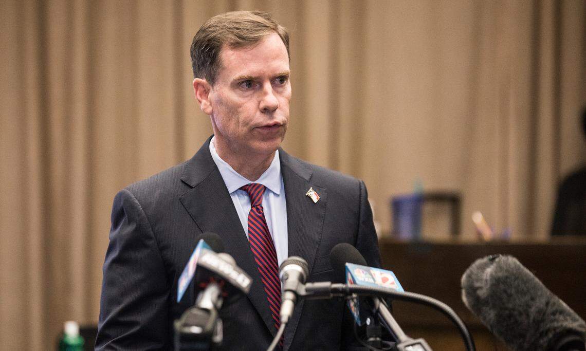 Forsyth County District Attorney Jim O’Neill speaks during a press conference on July 8, 2020.
