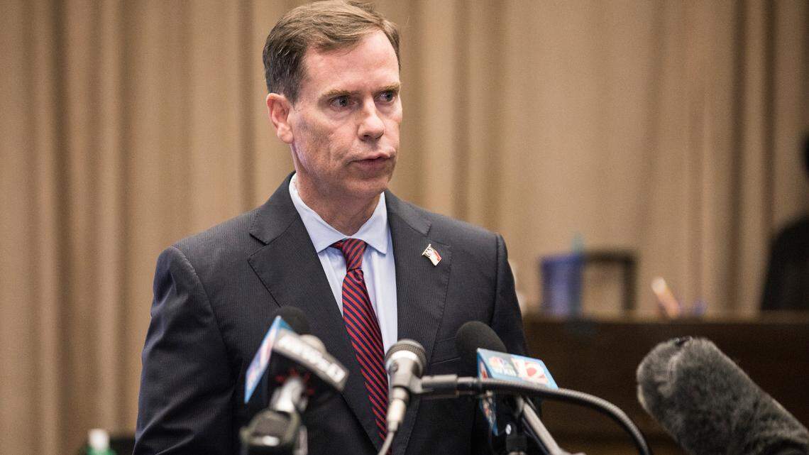 Forsyth County District Attorney Jim O’Neill speaks during a press conference at the Forsyth County Courthouse in Winston-Salem, N.C., on July 8, 2020, about the death of John Neville at the county jail in December 2019.