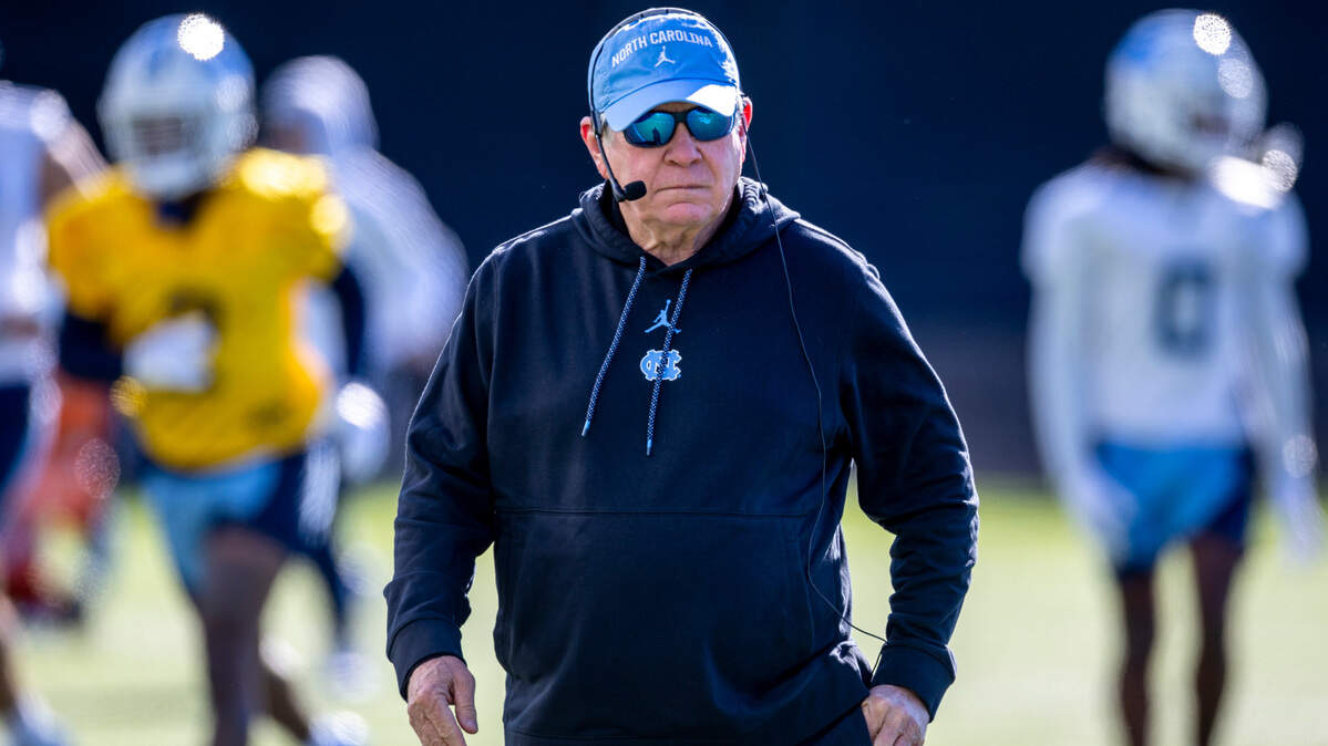 North Carolina coach Mack Brown watches his team during their first day of spring football practice on Tuesday, March 19, 2024 in Chapel Hill, N.C.