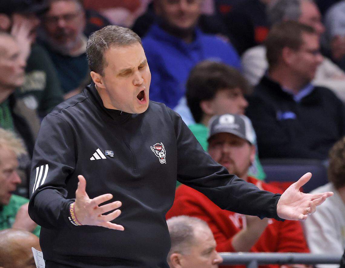 N.C. State head coach Will Wade reacts during the second half of the Wolfpack’s 68-66 loss to Texas in the NCAA First Four on March 17, 2026. The game would be the last he would coach for the Wolfpack.