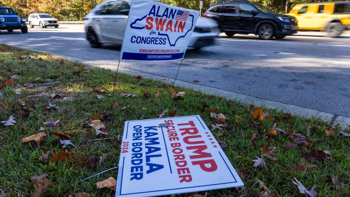 A damaged political sign for the Trump campaign along Maynard Road on Thursday, October 31, 2024 in Cary, N.C.