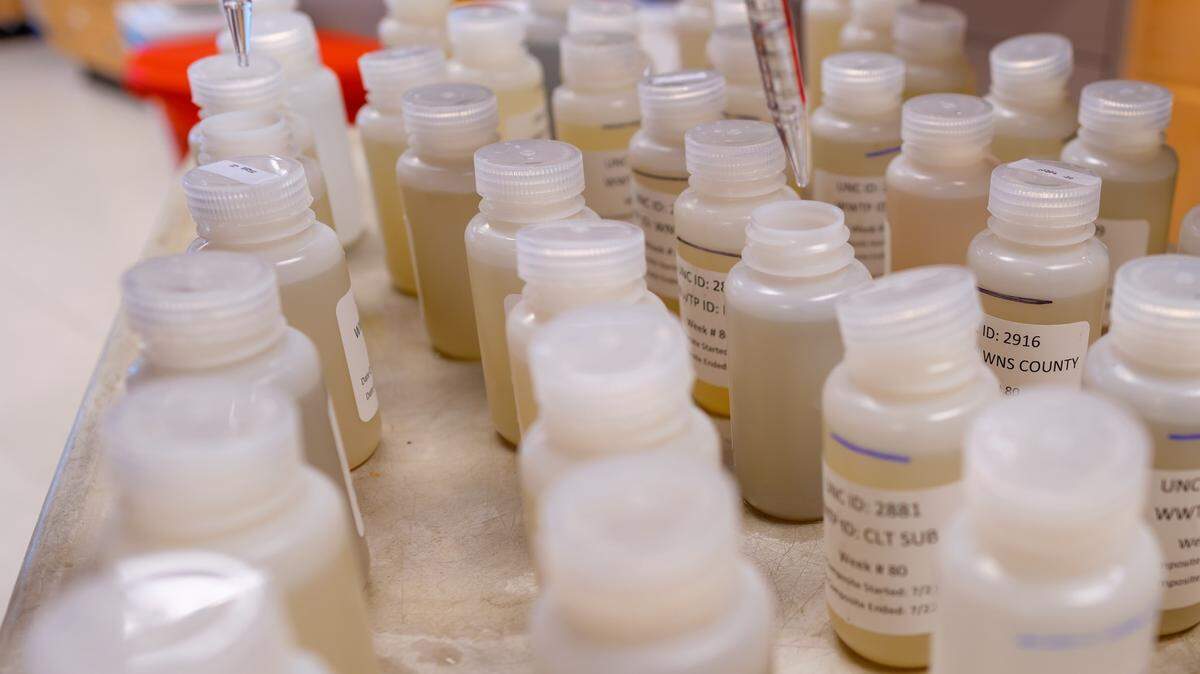 The sampled wastewater bottles in the UNC Microbiologist Rachel Noble’s lab, July 27, 2022. Each bottle represents a population that ranges from a few thousand in Beaufort up to hundreds of thousands in one of Raleigh’s plants.