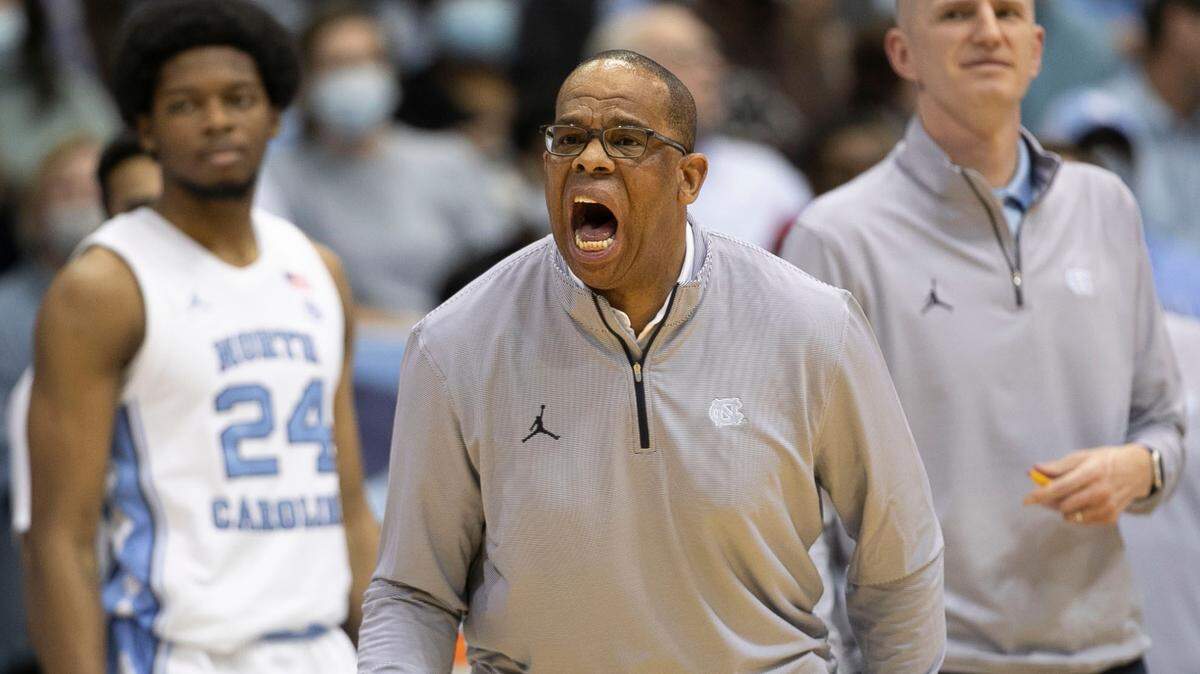 North Carolina coach Hubert Davis calls a time-out to substitute players during the second half against Furman on Tuesday, December 14, 2021 at the Smith Center in Chapel Hill, N.C.