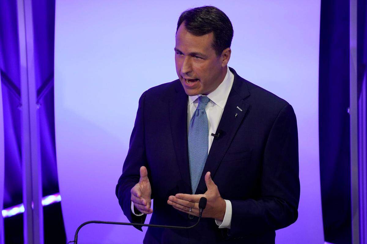 Democratic challenger Cal Cunningham speaks during a televised debate with U.S. Sen. Thom Tillis, R-N.C. Thursday, Oct. 1, 2020 in Raleigh, N.C.