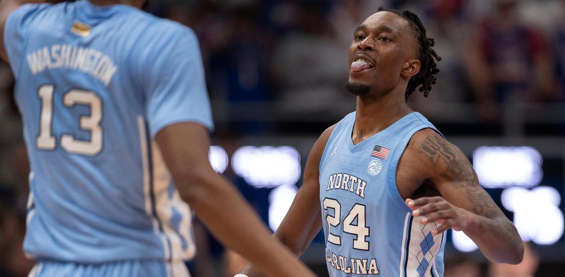 North Carolina forward Jae’Lyn Withers (24) reacts after sinking a three-point basket to cut the Kansas lead to 77-75 in the second half on Friday, November 8, 2024 at Allen Fieldhouse in Lawrence, Kansas.