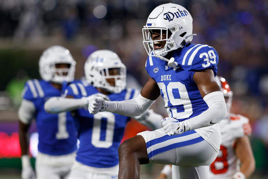 Duke’s Jeremiah Lewis reacts after a blocked kick during the first half of the Blue Devils’ season opening game against Clemson on Monday, Sept. 4, 2023, at Wallace Wade Stadium in Durham, N.C.