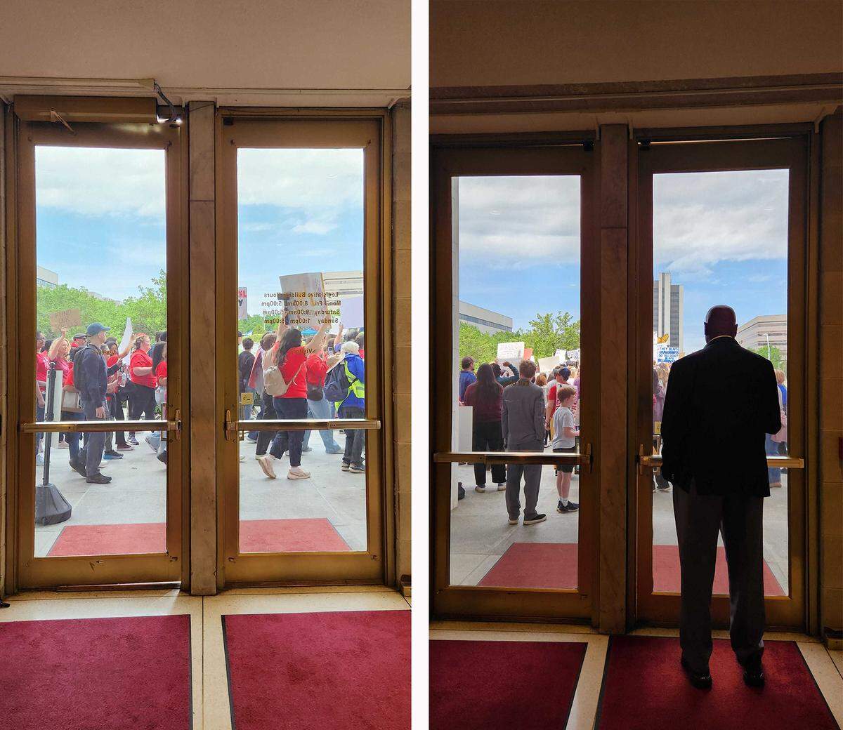 May Day teachers march protesters march around the Legislature in Raleigh as seen from inside the building, Friday, May 1, 2026