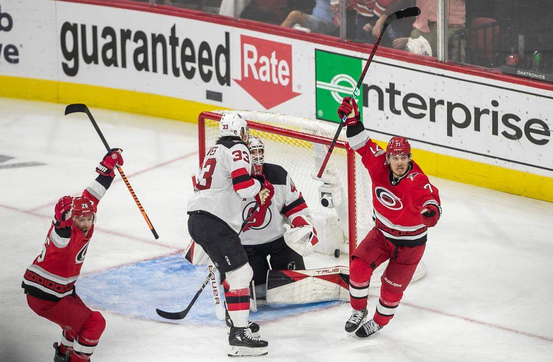 The Carolina Hurricanes Jesper Fast (71) scores the game winning goal in overtime, securing a 3-2 victory in Game 5 and clinching their second round Stanley Cup playoff series on Thursday, May 11, 2023 at PNC Arena in Raleigh, N.C.