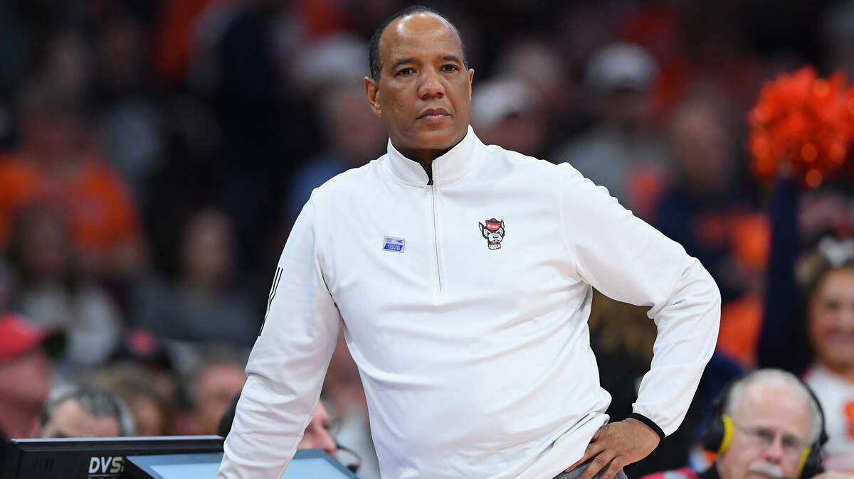 Jan 27, 2024; Syracuse, New York, USA; North Carolina State Wolfpack head coach Kevin Keatts looks on against the Syracuse Orange during the second half at the JMA Wireless Dome. Mandatory Credit: Rich Barnes-USA TODAY Sports
