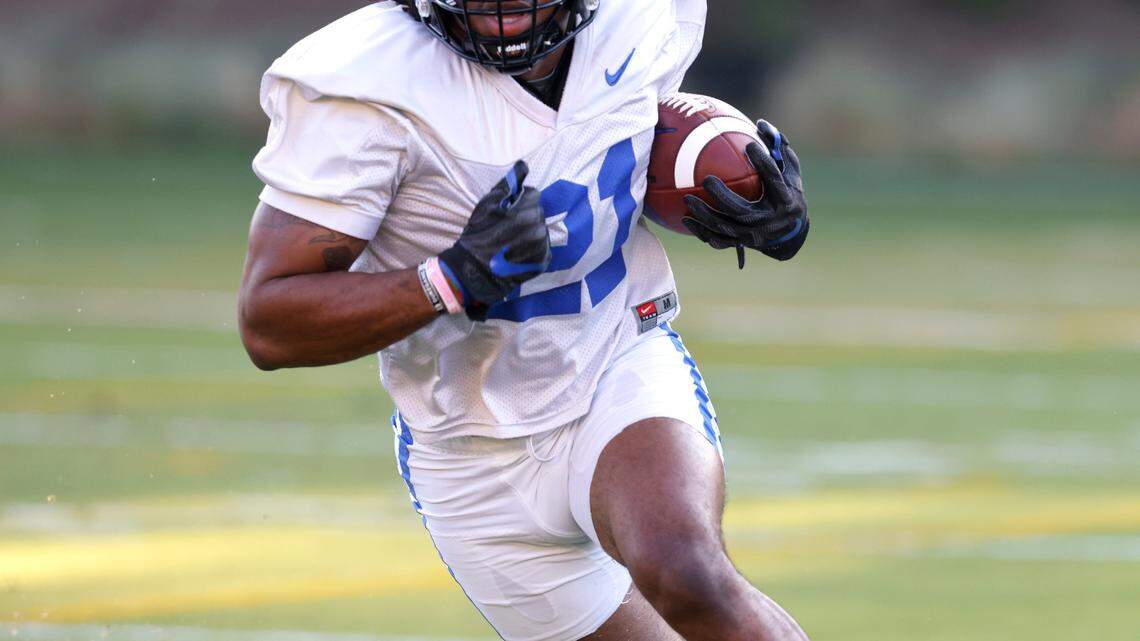 Duke running back Mataeo Durant (21) runs drills during Duke’s first practice of fall camp in Durham, N.C., Thursday, August 5, 2021.