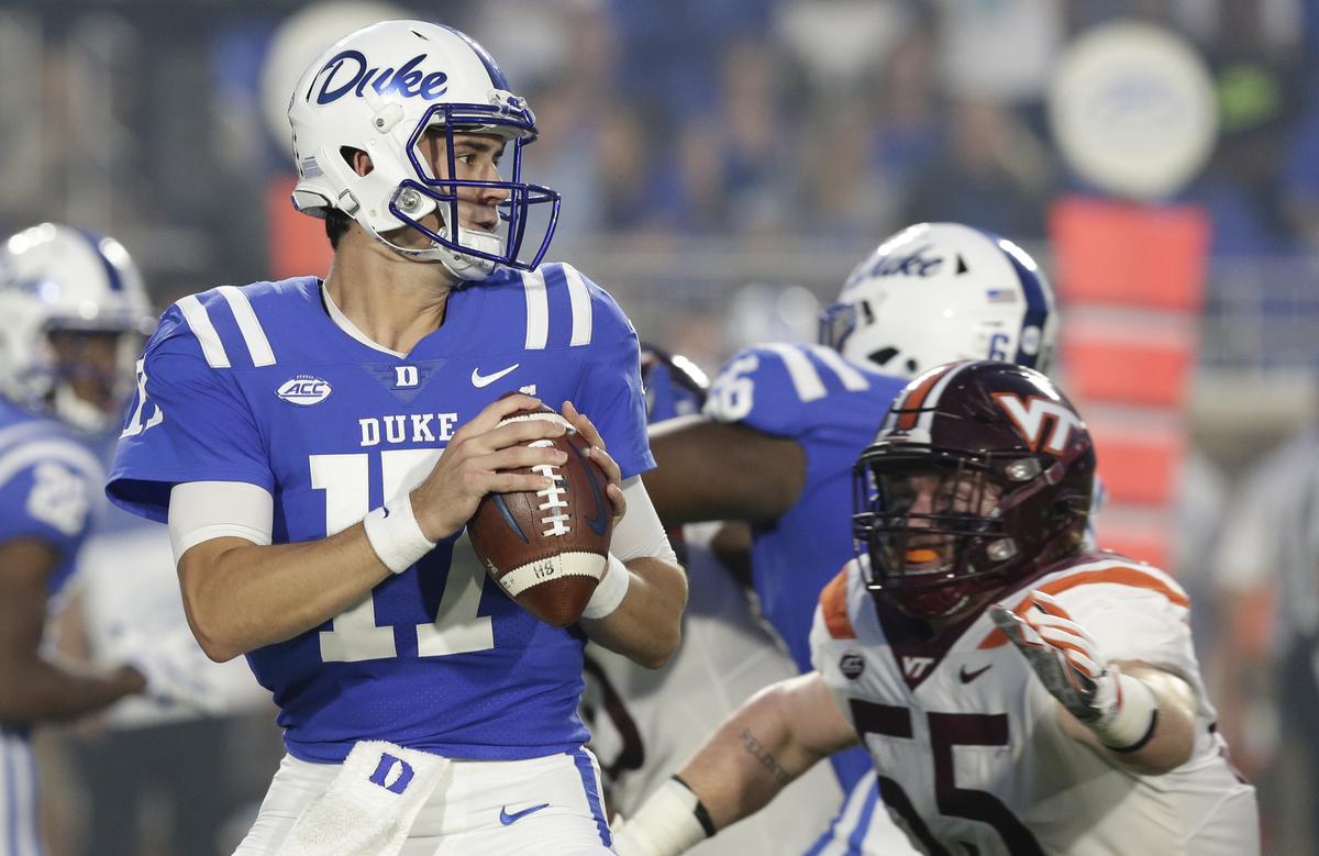 Duke quarterback Daniel Jones (17) passes against Virginia Tech during the first half of an NCAA college football game in Durham, N.C., Saturday, Sept. 29, 2018. 