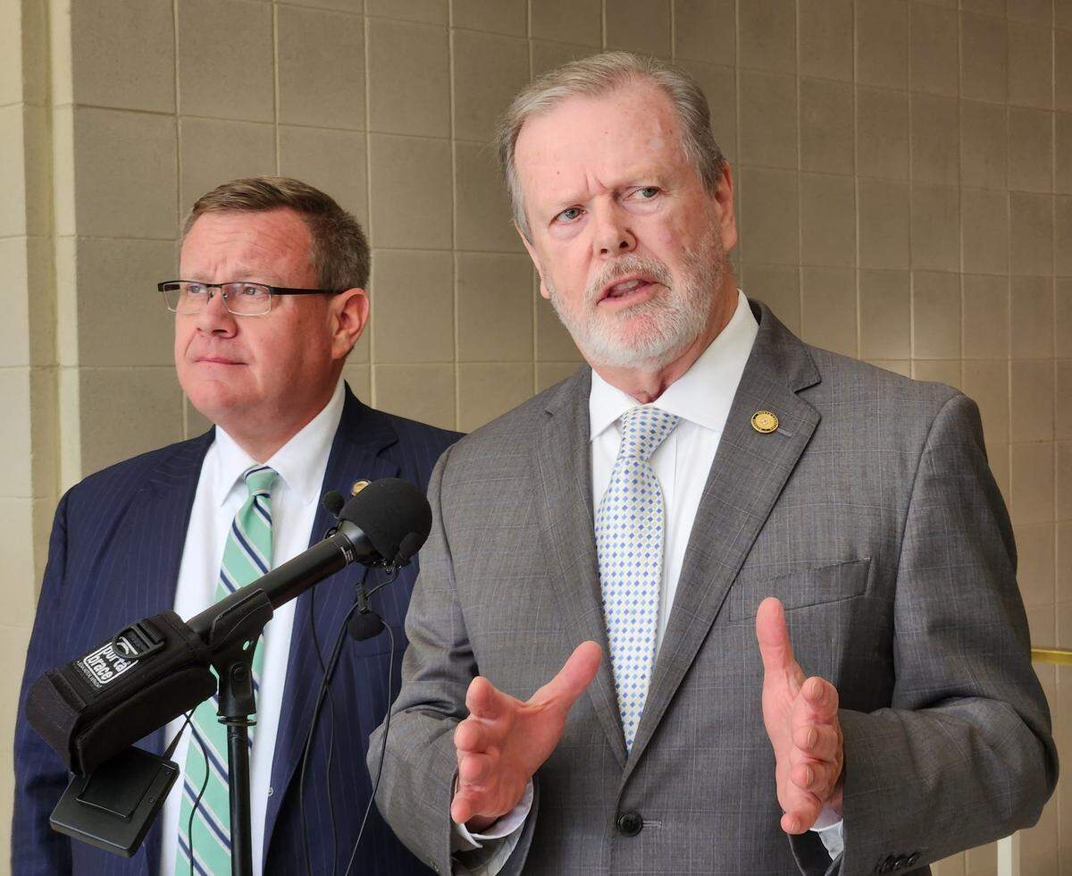 North Carolina House Speaker Tim Moore, left, and Senate leader Phil Berger, right, both Republicans, talked to reporters on Nov. 9, 2022 at the Legislative Building in Raleigh. Their comments came the day after Republicans gained a supermajority in the N.C. Senate and fell one seat short of that in the House.