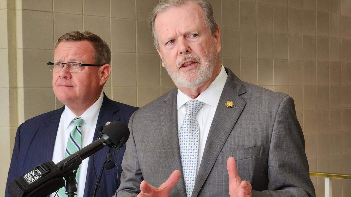 North Carolina House Speaker Tim Moore, left, and Senate leader Phil Berger, right, who are both Republicans, talked to reporters on Wednesday, Nov. 9, 2022 at the Legislative Building in downtown Raleigh, the day after Republicans appeared to gain a supermajority in the Senate and come one seat short of a supermajority in the House.