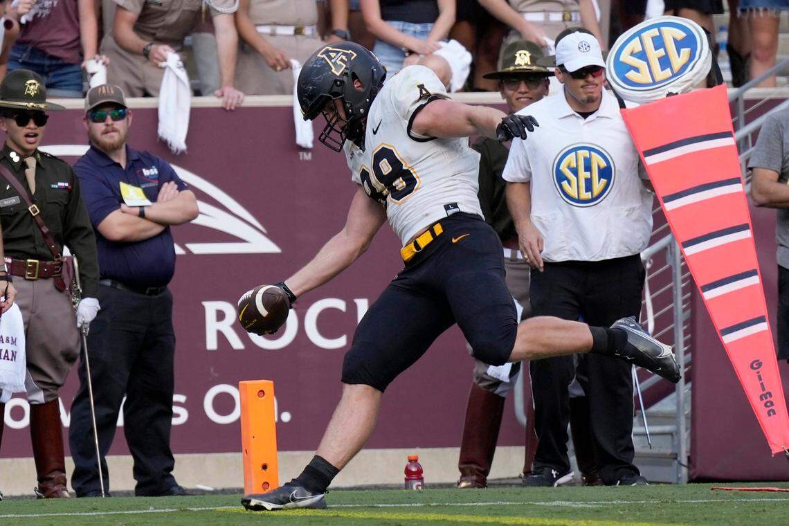 Appalachian State tight end Henry Pearson (88) cross the goalie for a touchdown against Texas A&M during the second half of an NCAA college football game Saturday, Sept. 10, 2022, in College Station, Texas.
