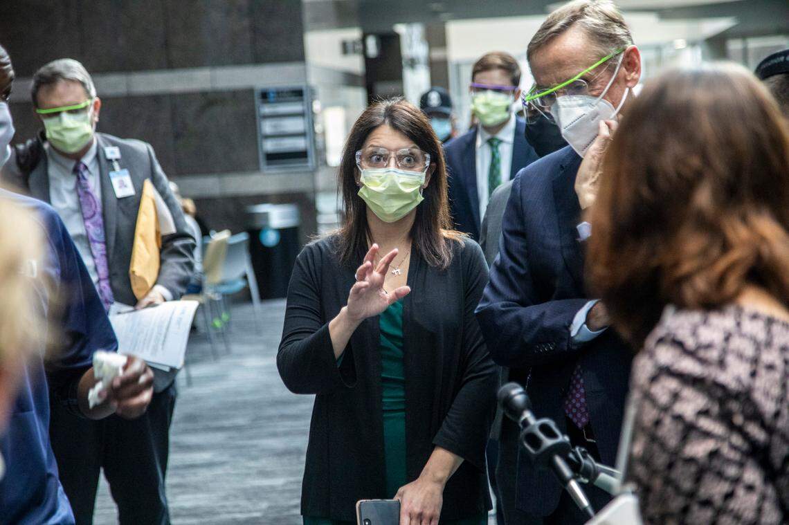 Secretary of the NC Department Health and Human Services Dr. Mandy Cohen tours a large-scale vaccination site at UNC’s Friday Center in Chapel Hill Tuesday, Jan. 19 2021. UNC Hospitals hope to administer 2500 first covid-19 vaccine doses at the Friday Center by the end of this week.