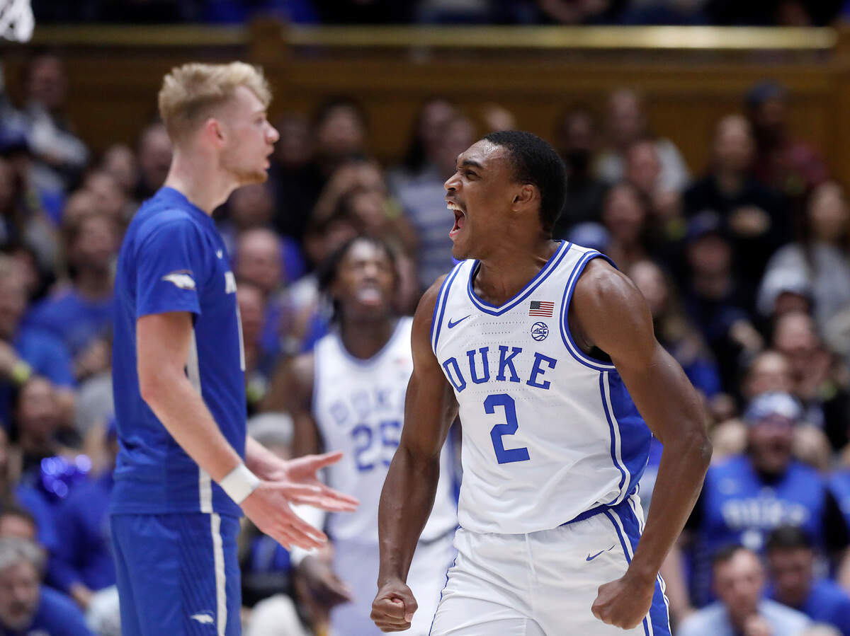 Duke’s Jaylen Blakes reacts after drawing a foul during the second half of the Blue Devils’ 89-68 win over Hofstra on Tuesday, Dec. 12, 2023, at Cameron Indoor Stadium in Durham, N.C.