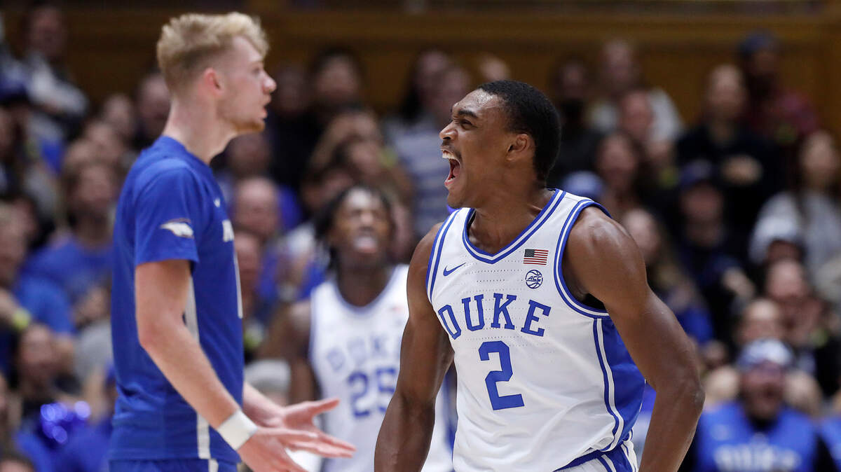 Duke’s Jaylen Blakes reacts after drawing a foul during the second half of the Blue Devils’ 89-68 win over Hofstra on Tuesday, Dec. 12, 2023, at Cameron Indoor Stadium in Durham, N.C.
