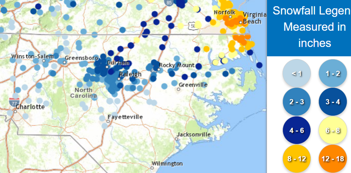 The National Weather Service collects reports of snow, sleet and freezing rain accumulations during winter storms and plots them on a snowfall map. In the Feb. 19-20, 2025, storm, northeastern North Carolina got the most snow.