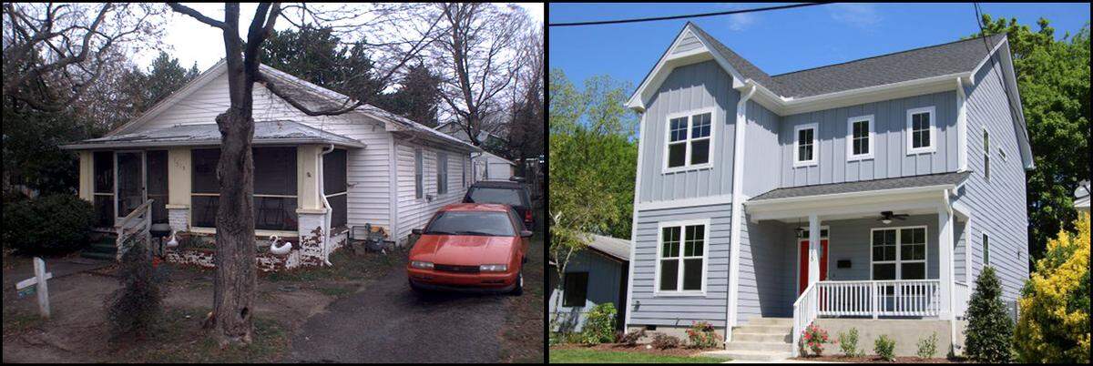 Photos of the home at 1515 E. Jones Street on December 6, 2011, left, and April 24, 2019.