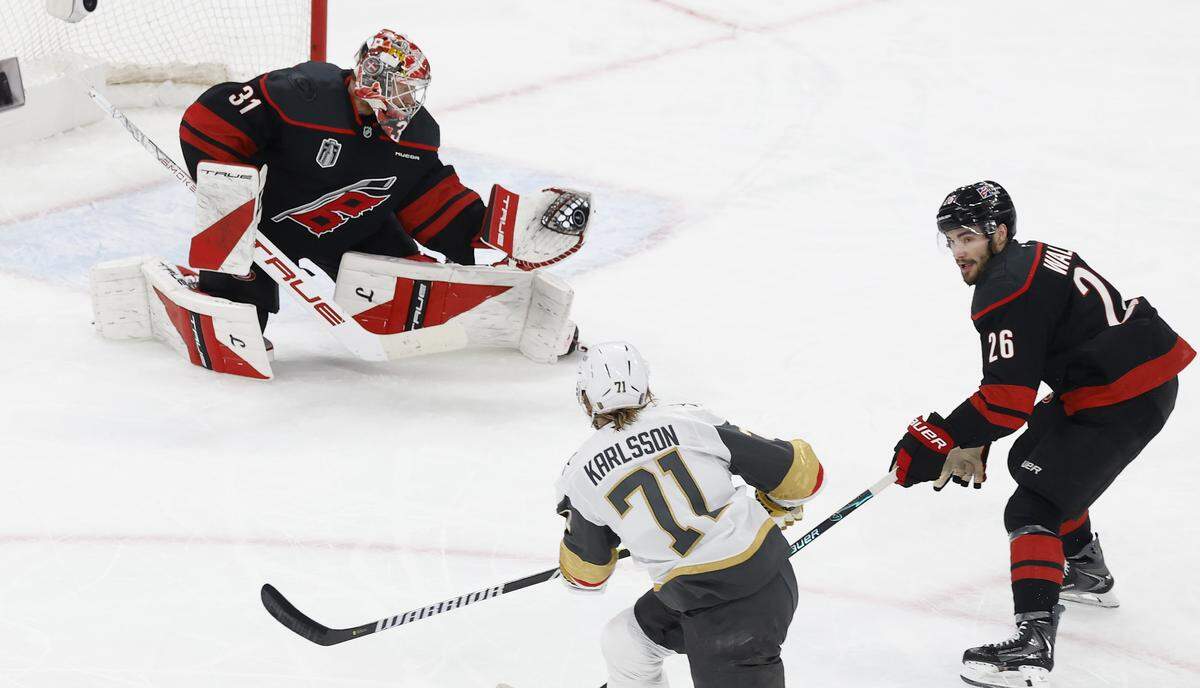 Carolina's Frederik Andersen (31) makes the save of a shot by Vegas’ William Karlsson (71) in the second period of the Hurricanes’ game against the Golden Knights in the second game of the Stanley Cup Final at the Lenovo Center in Raleigh, N.C., Thursday, June 4, 2026.