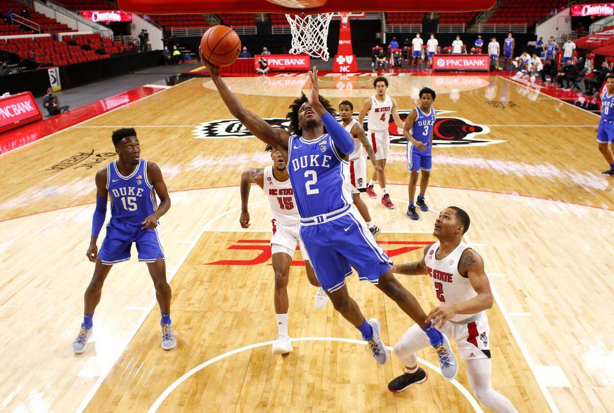 Duke’s DJ Steward (2) shoots during Duke’s 69-53 victory over N.C. State at PNC Arena in Raleigh, N.C., Saturday, February 13, 2021.