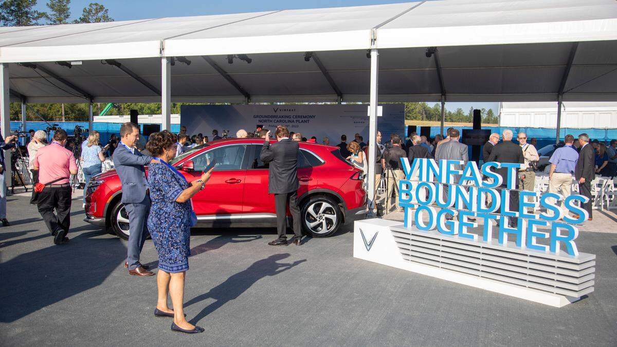 One of Vinfast’s electric SUV’s was on display during a groundbreaking ceremony Friday, July 28, 2023 at the future site of a Vinfast plant in Moncure.