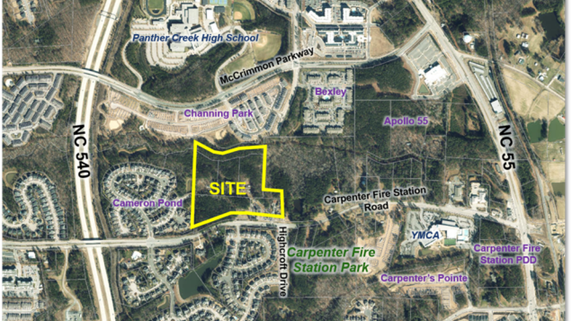 An aerial view of the 19.5-acre site where Fort Lauderdale-based Zom Living plans to build a luxury rental community at 7216 Carpenter Fire Station Road in west Cary.
