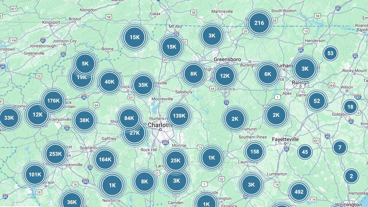 Duke Energy’s power outage map shows hundreds of thousands without power in the Carolinas Friday at noon as Helene moves through the area.
