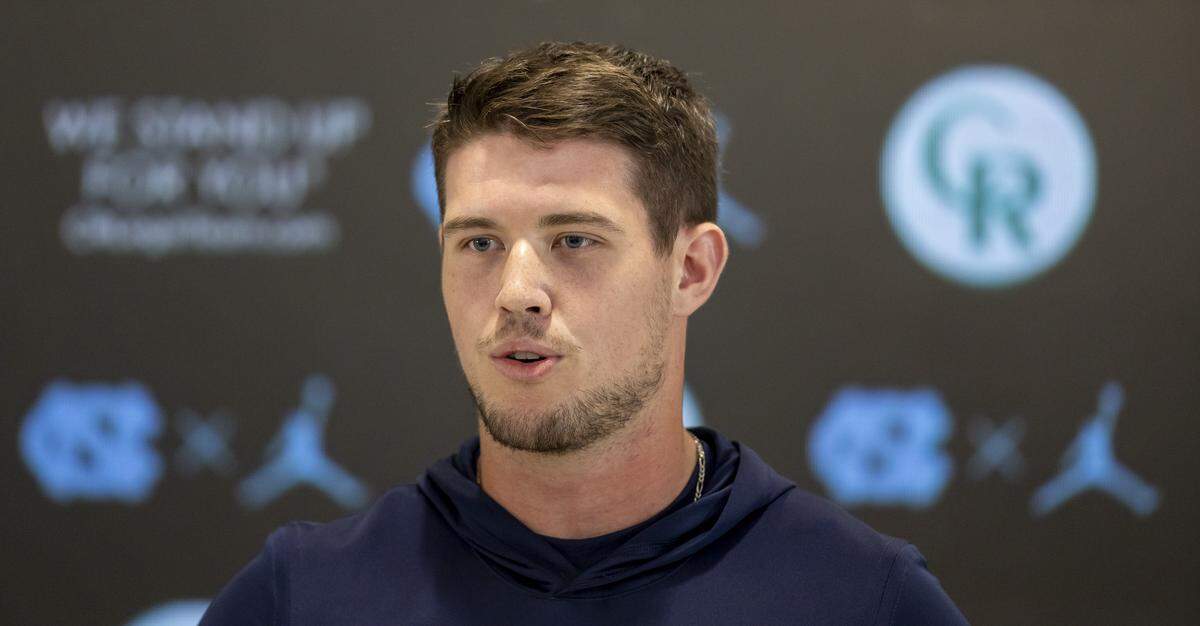 North Carolina long snapper Spencer Triplett explains how coach Bill Belichick has improved his play this season during a press availability on Tuesday, September 9, 2025 at Kenan Stadium in Chapel Hill, N.C.