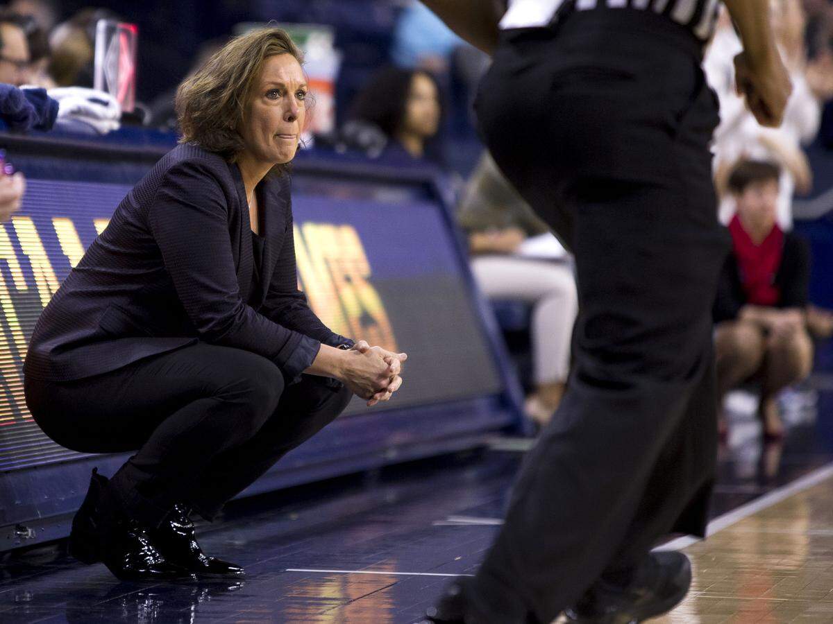 Georgia Tech head coach MaChelle Joseph looks on during an NCAA college basketball game against Notre Dame Sunday, Feb. 3, 2019, in South Bend, Ind. Notre Dame won 90-50. (AP Photo/Robert Franklin)
