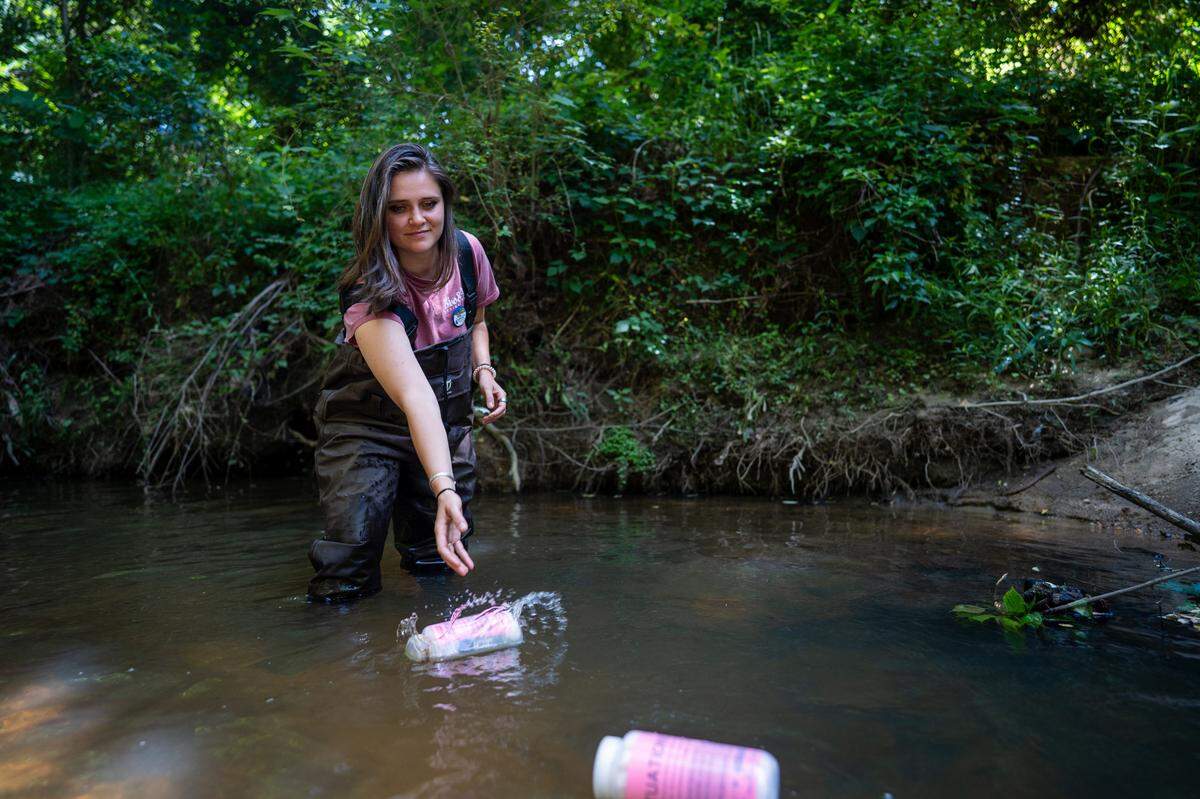 Madison Haley, a PhD student at N.C. State, released gps-tracked bottles into Marsh Creek in April and May 2025 to study how litter moves through creeks and rivers. She is a leading member on the NOAA-funded project that aims to reduce litter in urban waterways.