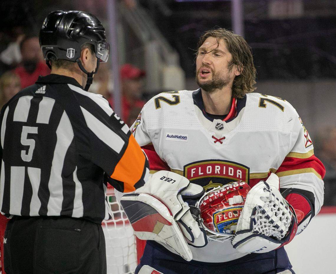 Florida Panthers goalie Sergei Bobrovsky (72) has a word with the official after taking a puck to the helmet in the first period against the Carolina Hurricanes during Game 2 of the Eastern Conference Finals on Saturday, May 20, 2023 at PNC Arena in Raleigh, N.C.