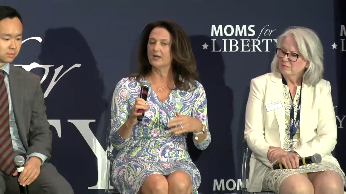 Union County Commissioner Melissa Merrell speaks at the Moms For Liberty Town Hall in Raleigh, N.C., on April 17, 2024. Beside her are Kenny Xu of Color Us United and Mary Summa of the N.C. Values Coalitio