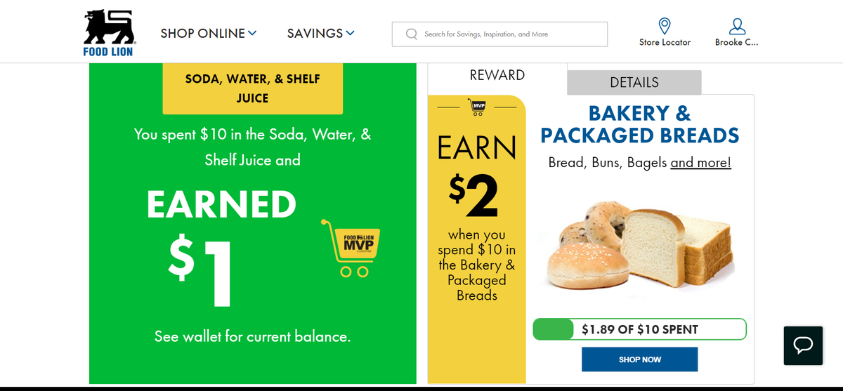 Part of Food Lion grocery store has a Shop and Earn program that gives customers discounts on future purchases based on dollars spent in various categories. The totals, which can be tracked online or on the Food Lion app, are tallied over the course of a month.
