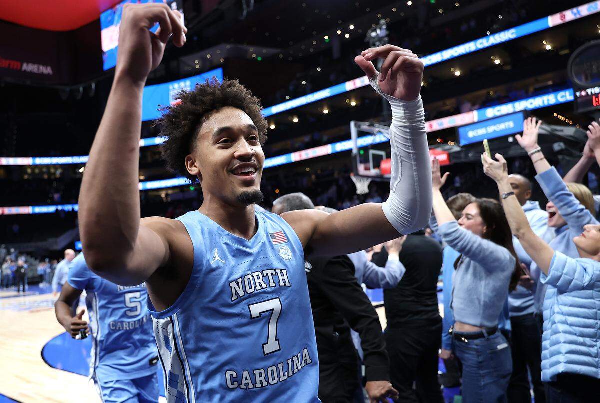 Seth Trimble of the North Carolina Tar Heels reacts after the 71-70 win over the Ohio State Buckeyes at State Farm Arena in Atlanta.