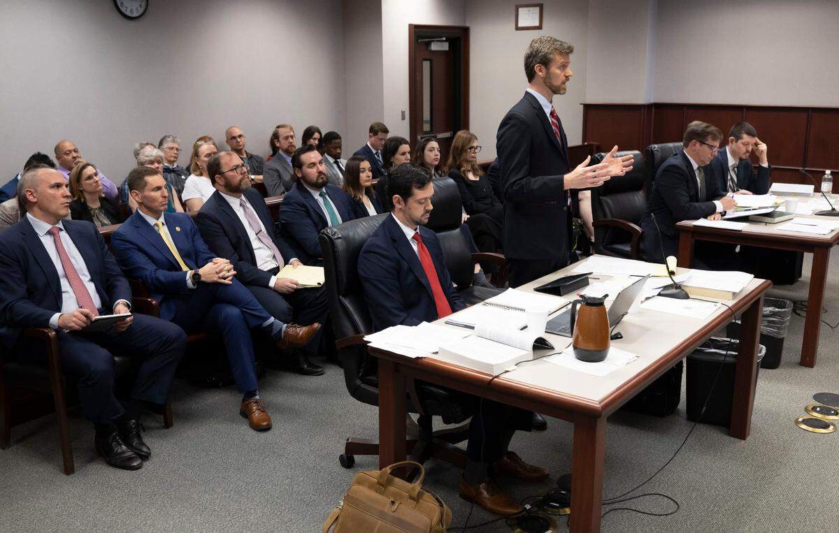 Attorney Craig Schauer, who represents Judge Jefferson Griffin, presents his opening arguments to Wake County Judge William Pittman on Friday, February 7, 2025 in Raleigh, N.C. Griffin trails North Carolina Supreme Court Justice Allison Riggs by 734 votes following two recounts of the November 2024 election results. Griffin is attempting to have more than 65,000 ballots cast in the election thrown out.