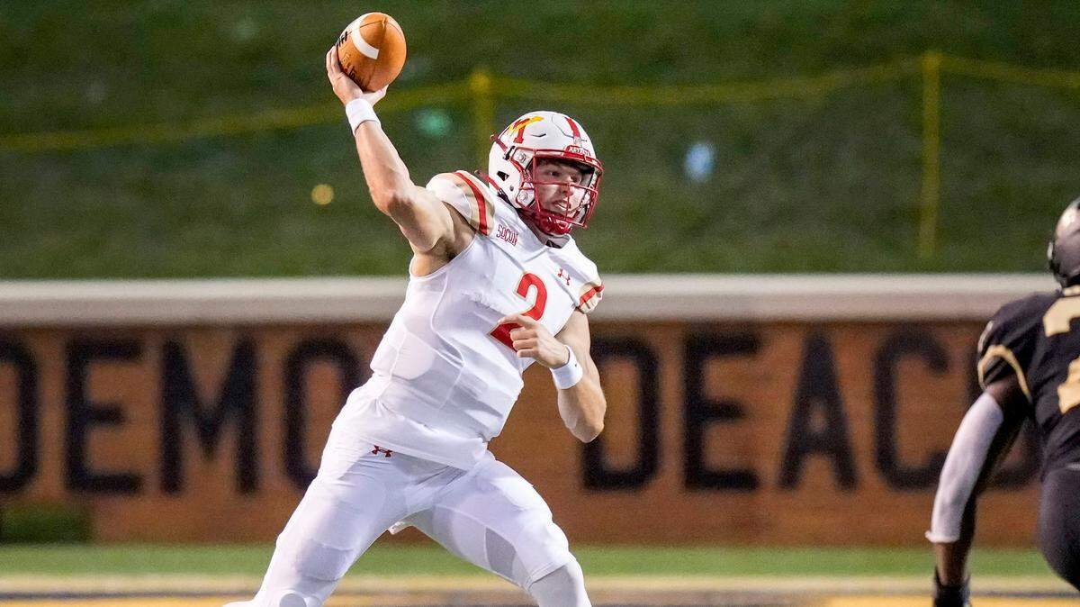 Virginia Military Institute quarterback Collin Ironside (2) makes throw during their game against Wake Forest at Truist Field in Sept. 2022.