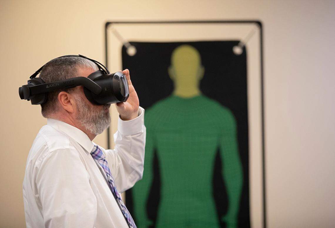 Detective Richard Ferrante demonstrates a virtual reality training tool at the Pinehurst Police Department on Tuesday, Oct. 29, 2024, in Pinehurst, N.C. The tool is one of the steps Pinehurst Police Chief Glen Webb says he’s taking to keep his officers and citizens safe.