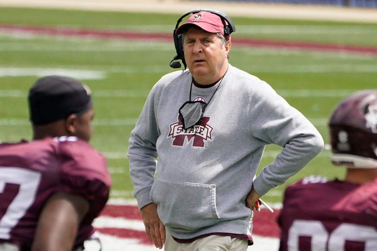Mississippi State head coach Mike Leach looks at his players during Mississippi State’s Maroon and White spring NCAA college football game, Saturday, April 17, 2021, in Starkville, Miss. The White team won 30-22.
